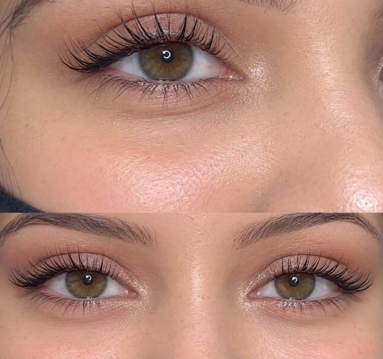 Close-up of an eye after a lash lift, showing lifted natural lashes