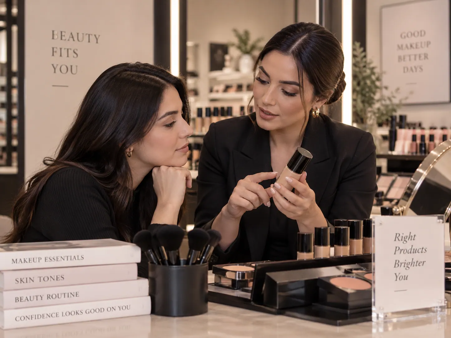 Makeup products arranged on a warm neutral surface during a shopping session